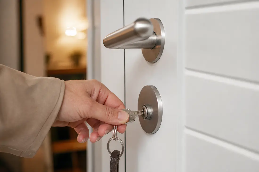 Fachperson öffnet abends eine zugefallene Wohnungstür mit Spezialwerkzeug, Person wartet im Hintergrund